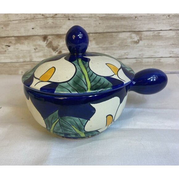 Mexican Talavera Pottery Colorful Calla Lilies Soup Bowl w/Handle and Lid Salsa - Picture 13 of 13